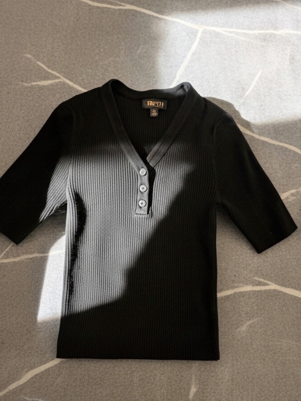NWOT Truth by Republic Black Ribbed Henley Top S/M Minimalist, Quiet luxe.